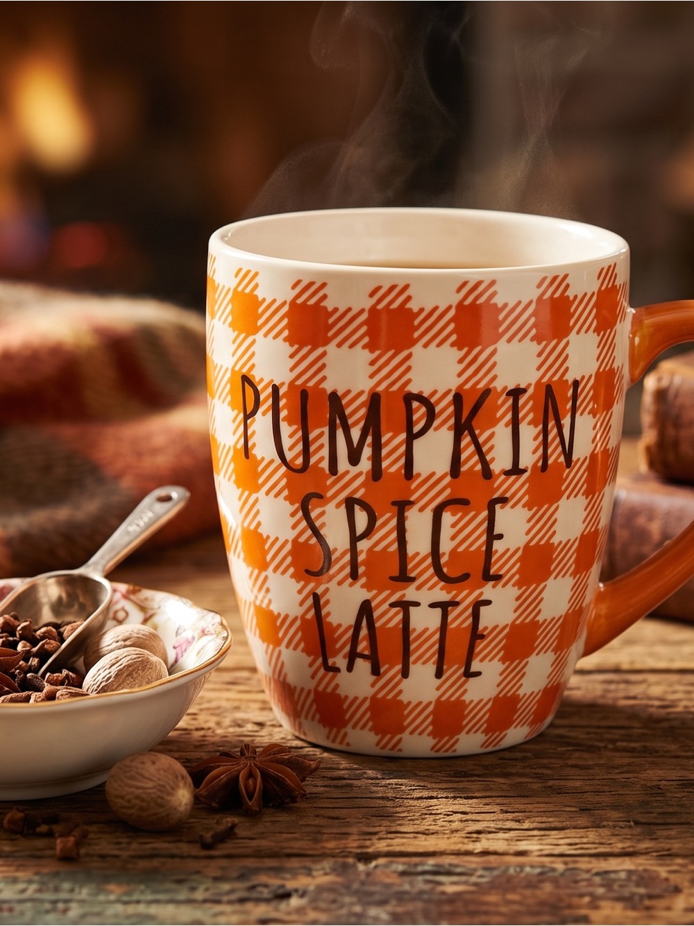 Pumpkin Spice Latte Ceramic Fall Orange Plaid Gingham Coffee Tea 16 oz Mug Cup